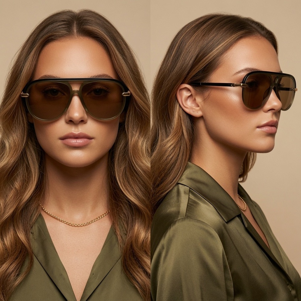 Womens Sunglasses Gold Flat Top Shield Brown Lens Fancy Minimalist, Luxury Style